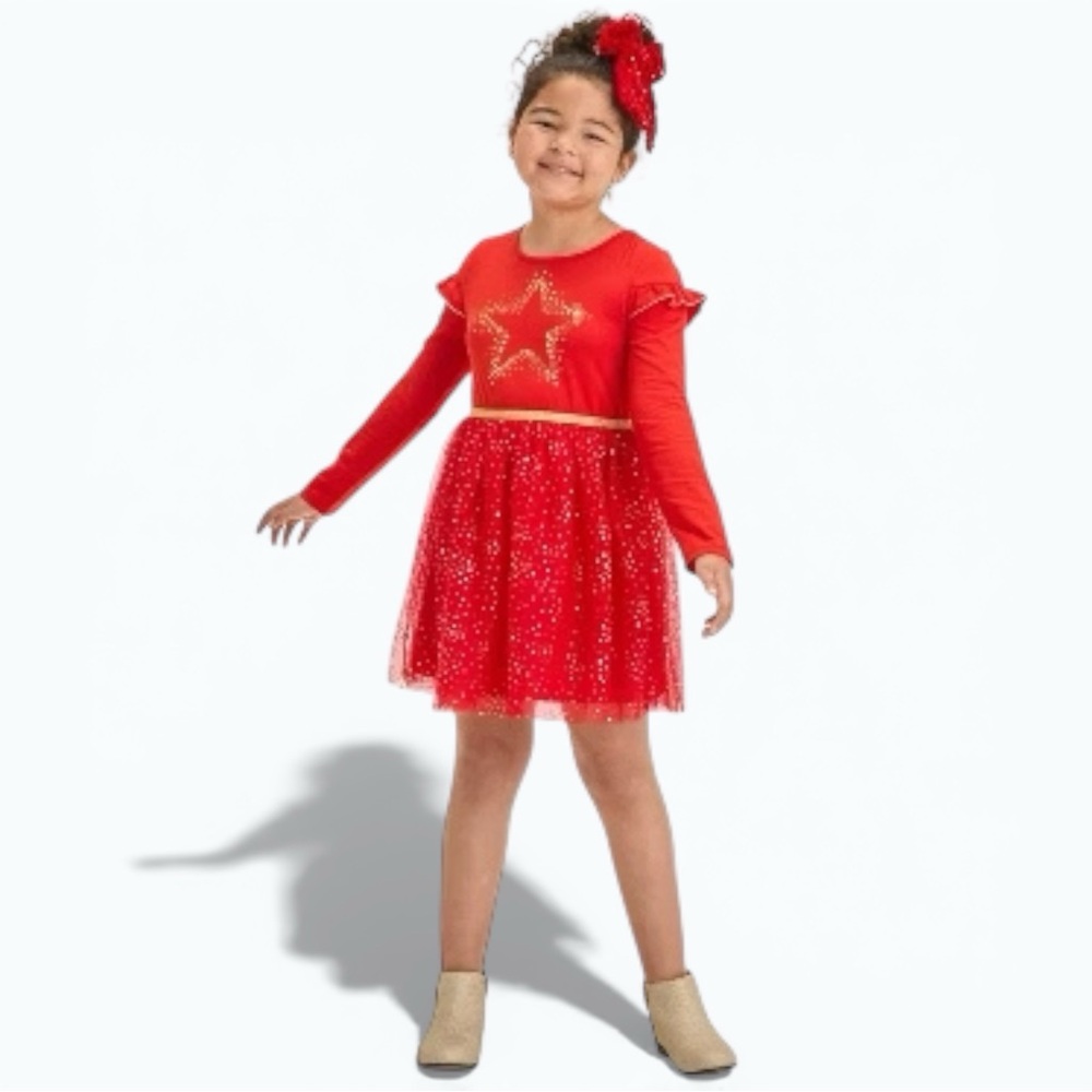 Cat & Jack Girls Red Star Tulle Dress Size XS 4/5 Holiday Party